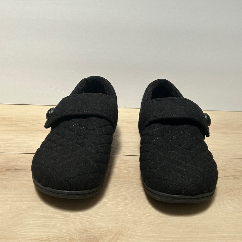 Vionic Jackie Black Quilted Orthotic Slippers Adjustable Strap Women size 10